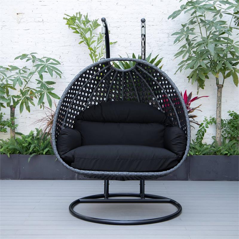LeisureMod Mendoza Charcoal Wicker Patio Double Swing Chair in Dark Grey
