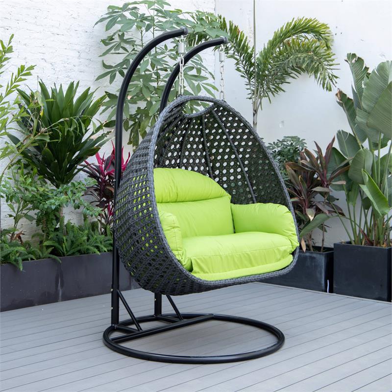 LeisureMod Mendoza Charcoal Wicker Patio Double Swing Chair in Light Green
