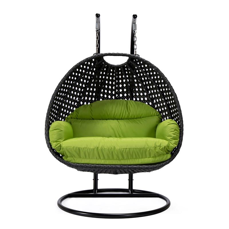 LeisureMod Mendoza Charcoal Wicker Patio Double Swing Chair in Light Green