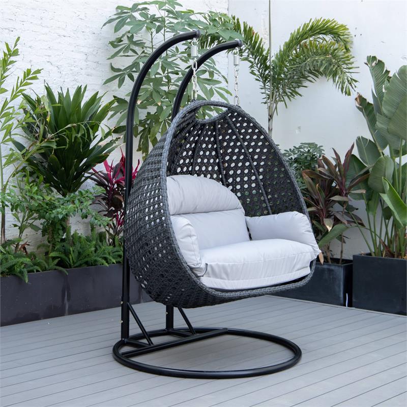 LeisureMod Mendoza Charcoal Wicker Patio Double Swing Chair in Light Grey