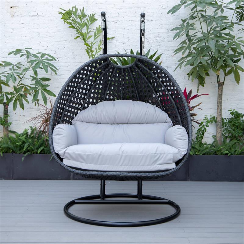 LeisureMod Mendoza Charcoal Wicker Patio Double Swing Chair in Light Grey