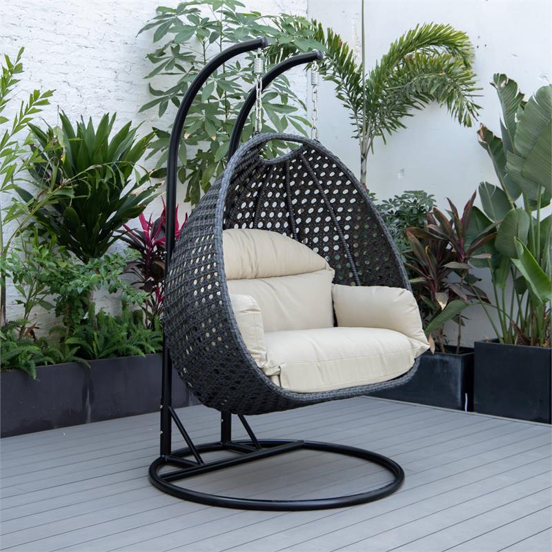 LeisureMod Mendoza Charcoal Wicker Patio Double Swing Chair in Taupe