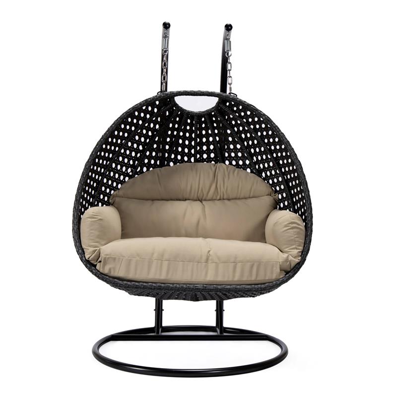 LeisureMod Mendoza Charcoal Wicker Patio Double Swing Chair in Taupe