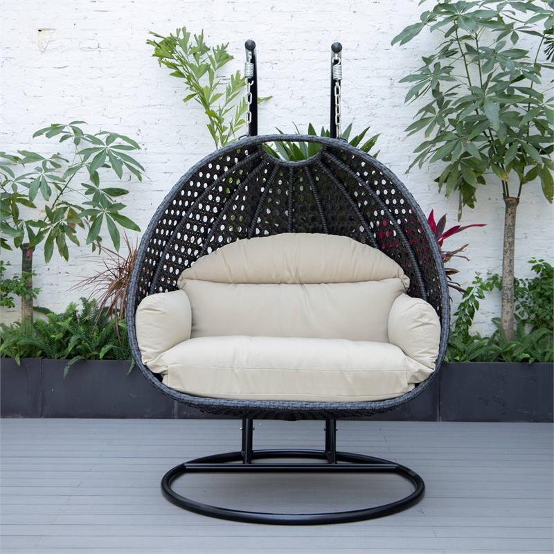 LeisureMod Mendoza Charcoal Wicker Patio Double Swing Chair in Taupe