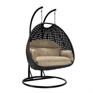 LeisureMod Mendoza Charcoal Wicker Patio Double Swing Chair in Taupe