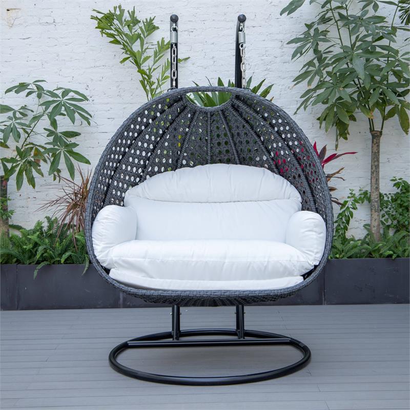 LeisureMod Mendoza Charcoal Wicker Patio Double Swing Chair in White