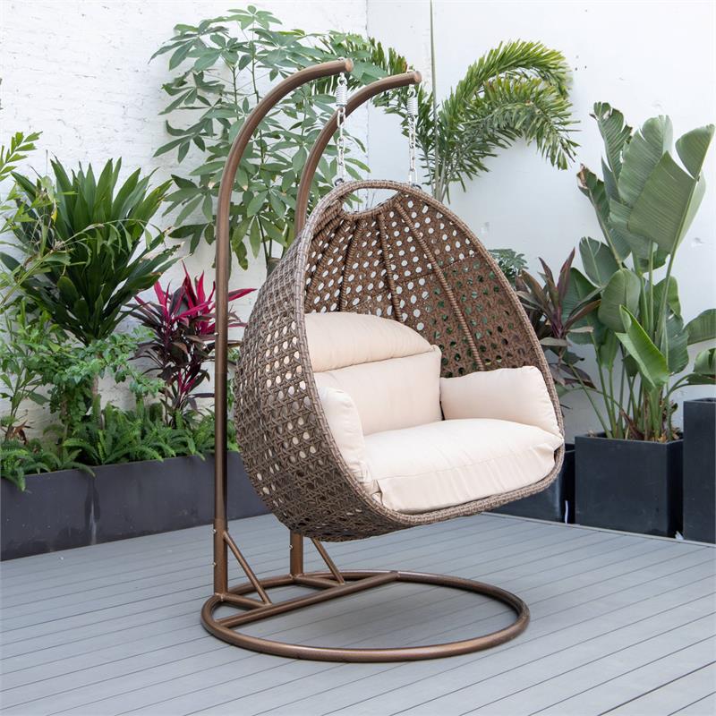 LeisureMod Mendoza Dark Brown Wicker Patio Double Swing Chair in Beige