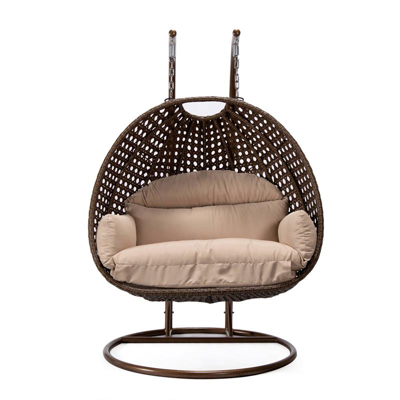 LeisureMod Mendoza Dark Brown Wicker Patio Double Swing Chair in Beige