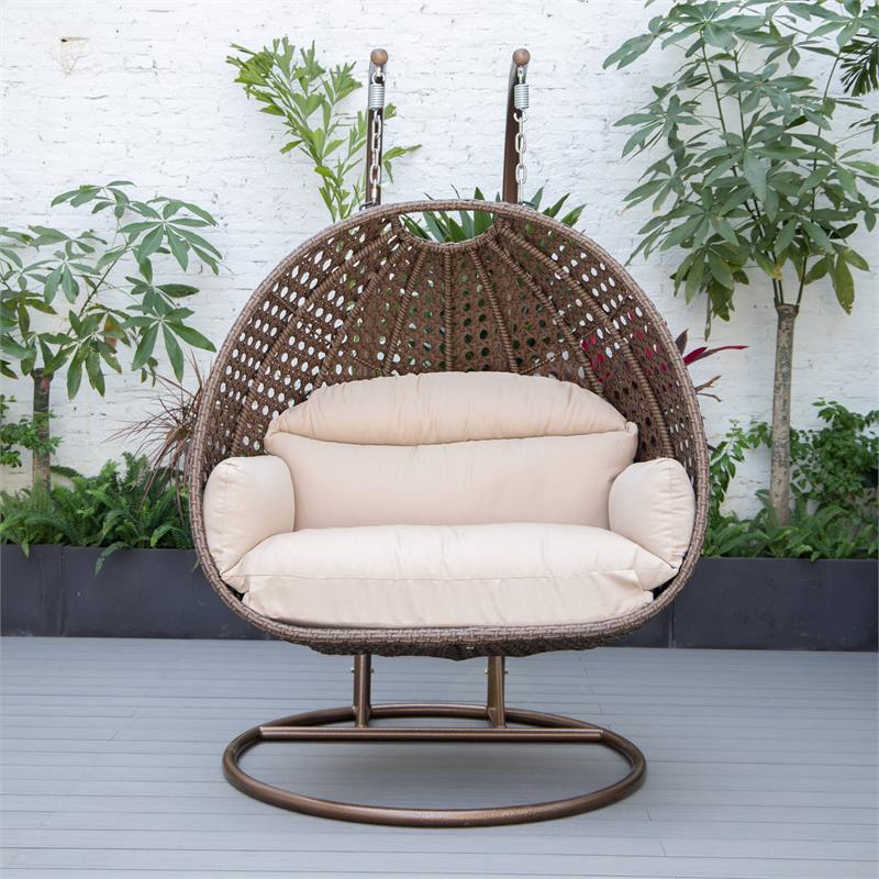 LeisureMod Mendoza Dark Brown Wicker Patio Double Swing Chair in Beige