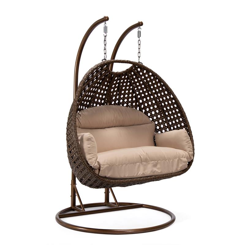 LeisureMod Mendoza Dark Brown Wicker Patio Double Swing Chair in Beige