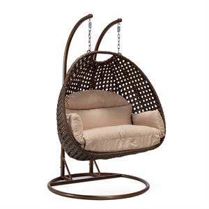 LeisureMod Mendoza Dark Brown Wicker Patio Double Swing Chair in Beige
