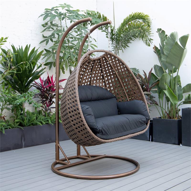 LeisureMod Mendoza Dark Brown Wicker Patio Double Swing Chair in Black