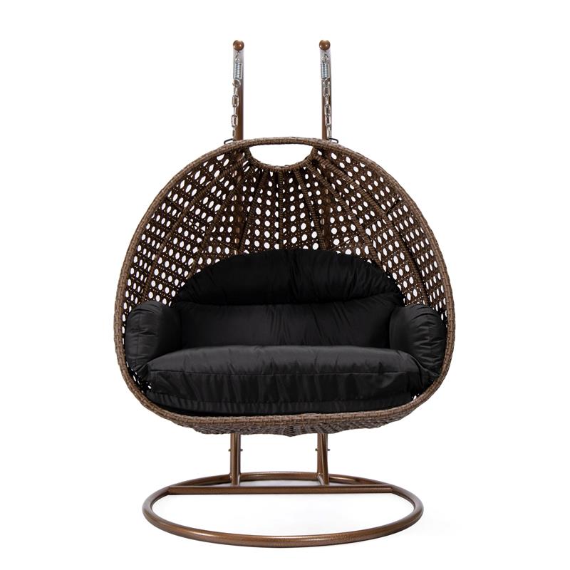 LeisureMod Mendoza Dark Brown Wicker Patio Double Swing Chair in Black