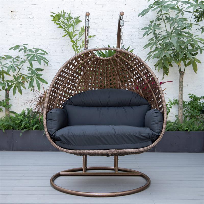 LeisureMod Mendoza Dark Brown Wicker Patio Double Swing Chair in Black