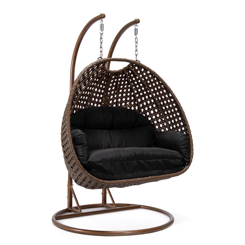 LeisureMod Mendoza Dark Brown Wicker Patio Double Swing Chair in Black