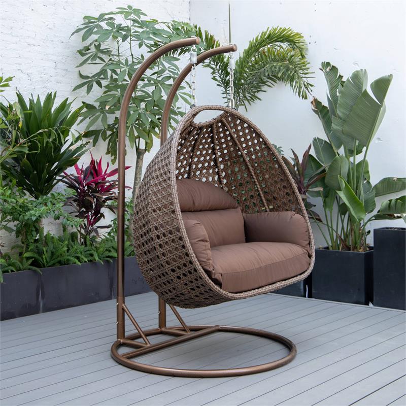 LeisureMod Mendoza Dark Brown Wicker Patio Double Swing Chair in Brown