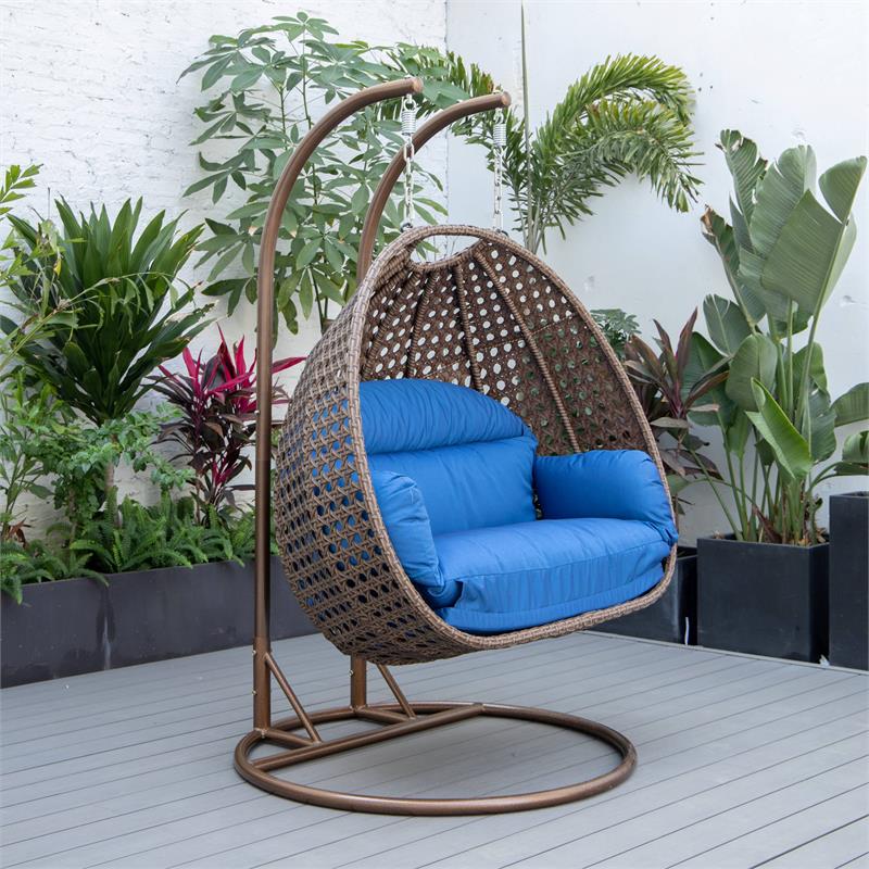 LeisureMod Mendoza Dark Brown Wicker Patio Double Swing Chair in Blue