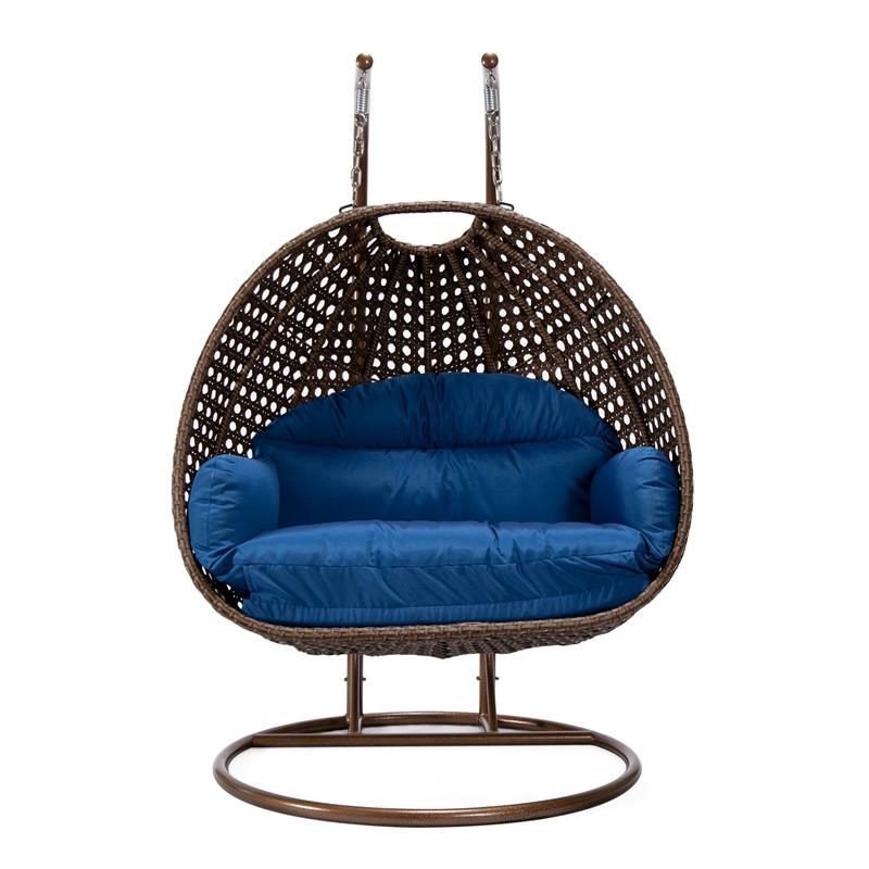 LeisureMod Mendoza Dark Brown Wicker Patio Double Swing Chair in Blue