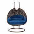 LeisureMod Mendoza Dark Brown Wicker Patio Double Swing Chair in Blue