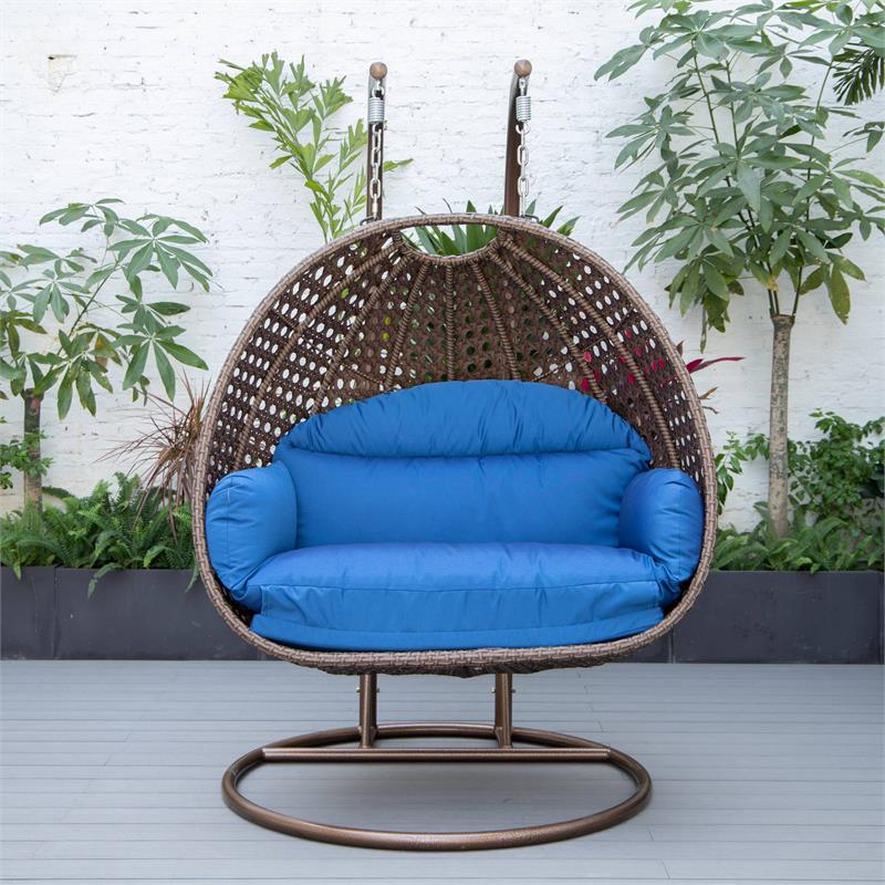 LeisureMod Mendoza Dark Brown Wicker Patio Double Swing Chair in Blue