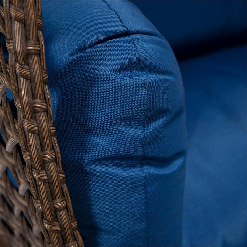 LeisureMod Mendoza Dark Brown Wicker Patio Double Swing Chair in Blue