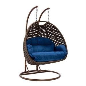 LeisureMod Mendoza Dark Brown Wicker Patio Double Swing Chair in Blue