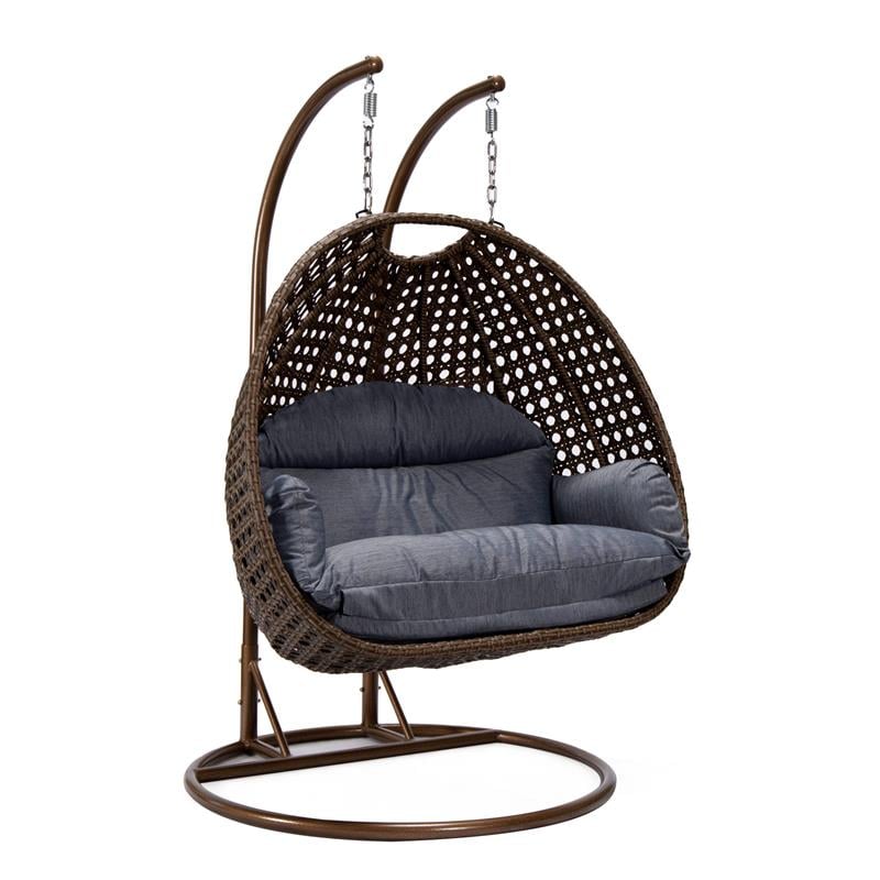 LeisureMod Mendoza Dark Brown Wicker Patio Double Swing Chair in Charcoal