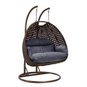 LeisureMod Mendoza Dark Brown Wicker Patio Double Swing Chair in Charcoal
