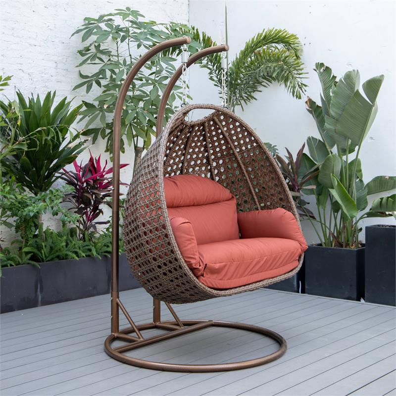LeisureMod Mendoza Dark Brown Wicker Patio Double Swing Chair in Cherry