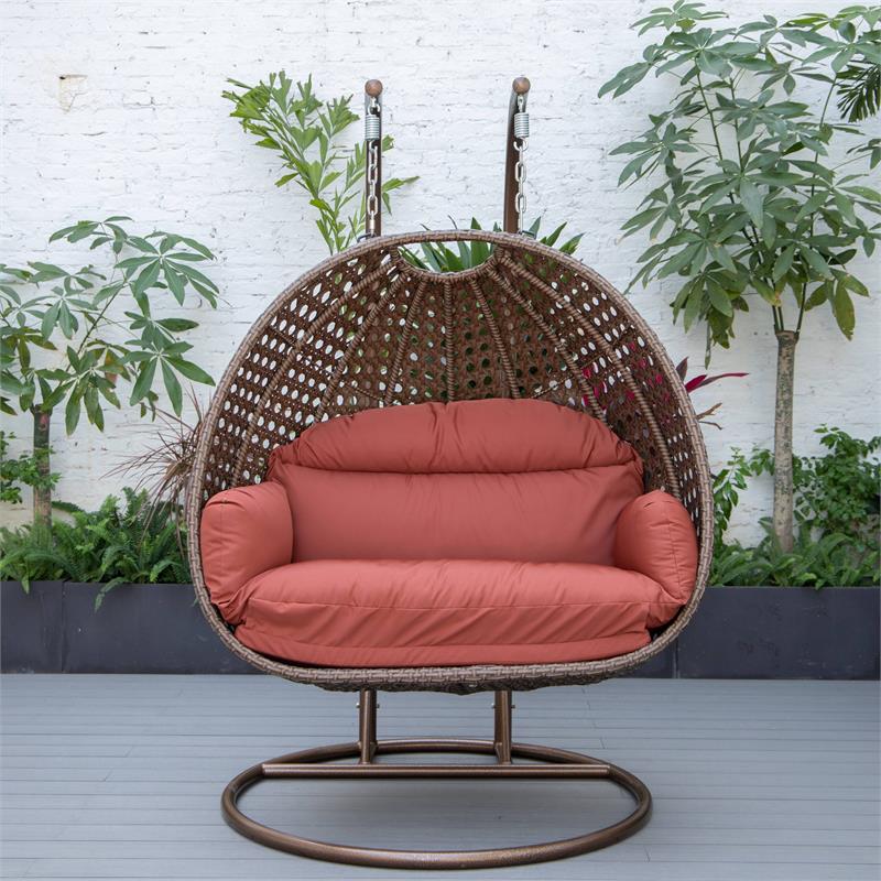 LeisureMod Mendoza Dark Brown Wicker Patio Double Swing Chair in Cherry