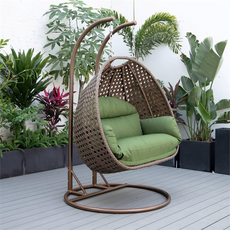 LeisureMod Mendoza Dark Brown Wicker Patio Double Swing Chair in Dark Green