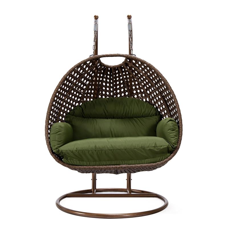 LeisureMod Mendoza Dark Brown Wicker Patio Double Swing Chair in Dark Green