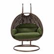 LeisureMod Mendoza Dark Brown Wicker Patio Double Swing Chair in Dark Green