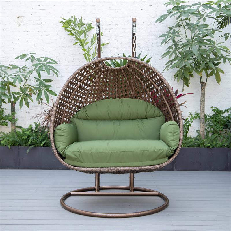 LeisureMod Mendoza Dark Brown Wicker Patio Double Swing Chair in Dark Green