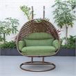 LeisureMod Mendoza Dark Brown Wicker Patio Double Swing Chair in Dark Green