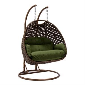 LeisureMod Mendoza Dark Brown Wicker Patio Double Swing Chair in Dark Green