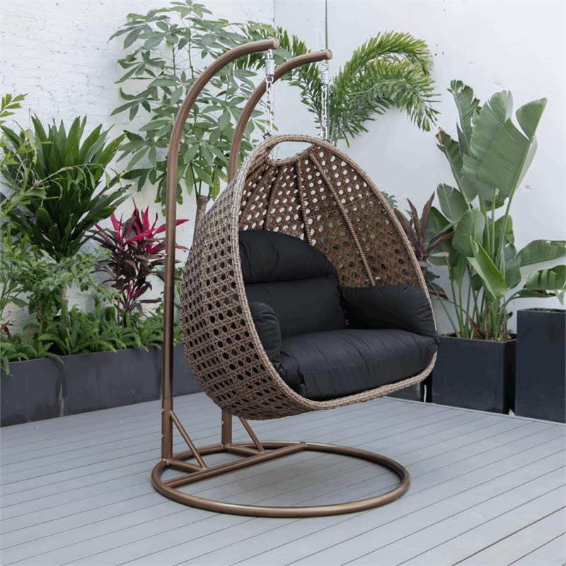 LeisureMod Mendoza Dark Brown Wicker Patio Double Swing Chair in Dark Gray