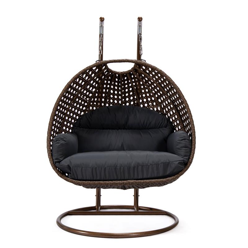 LeisureMod Mendoza Dark Brown Wicker Patio Double Swing Chair in Dark Gray