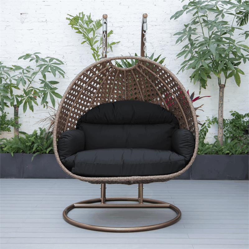 LeisureMod Mendoza Dark Brown Wicker Patio Double Swing Chair in Dark Gray
