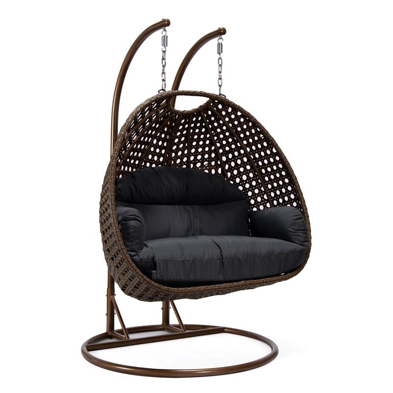 LeisureMod Mendoza Dark Brown Wicker Patio Double Swing Chair in Dark Gray
