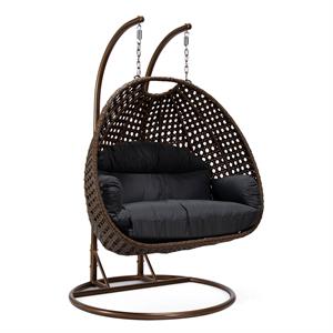 LeisureMod Mendoza Dark Brown Wicker Patio Double Swing Chair in Dark Gray