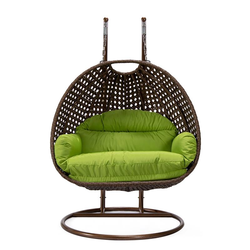 LeisureMod Mendoza Dark Brown Wicker Patio Double Swing Chair in Light Green