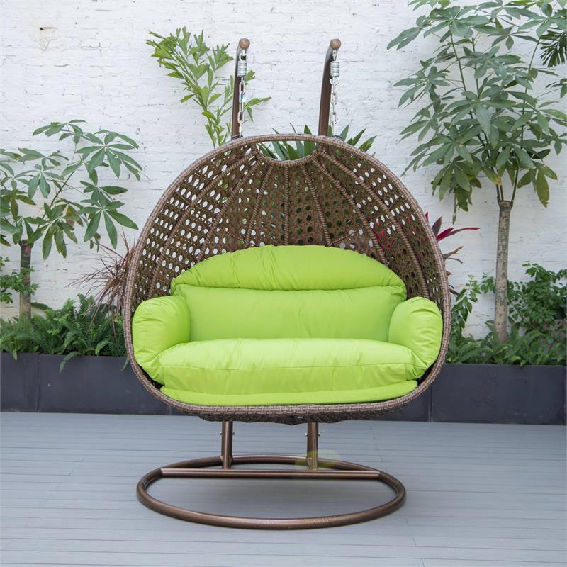 LeisureMod Mendoza Dark Brown Wicker Patio Double Swing Chair in Light Green