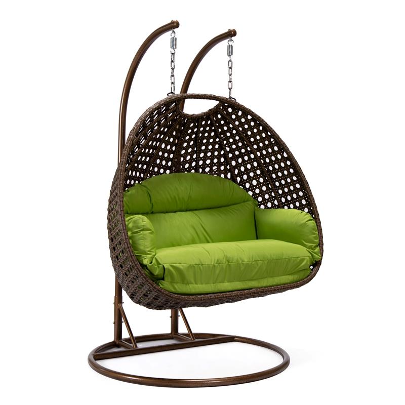 LeisureMod Mendoza Dark Brown Wicker Patio Double Swing Chair in Light Green