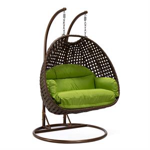 LeisureMod Mendoza Dark Brown Wicker Patio Double Swing Chair in Light Green