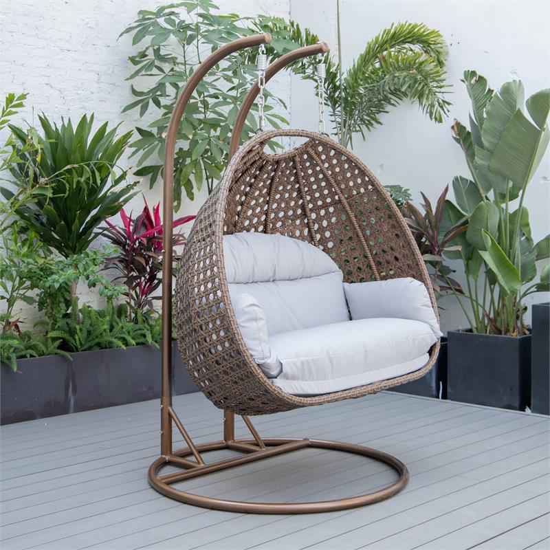 LeisureMod Mendoza Dark Brown Wicker Patio Double Swing Chair in Light Gray