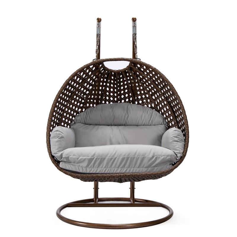 LeisureMod Mendoza Dark Brown Wicker Patio Double Swing Chair in Light Gray