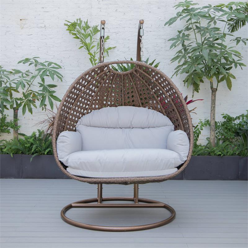 LeisureMod Mendoza Dark Brown Wicker Patio Double Swing Chair in Light Gray