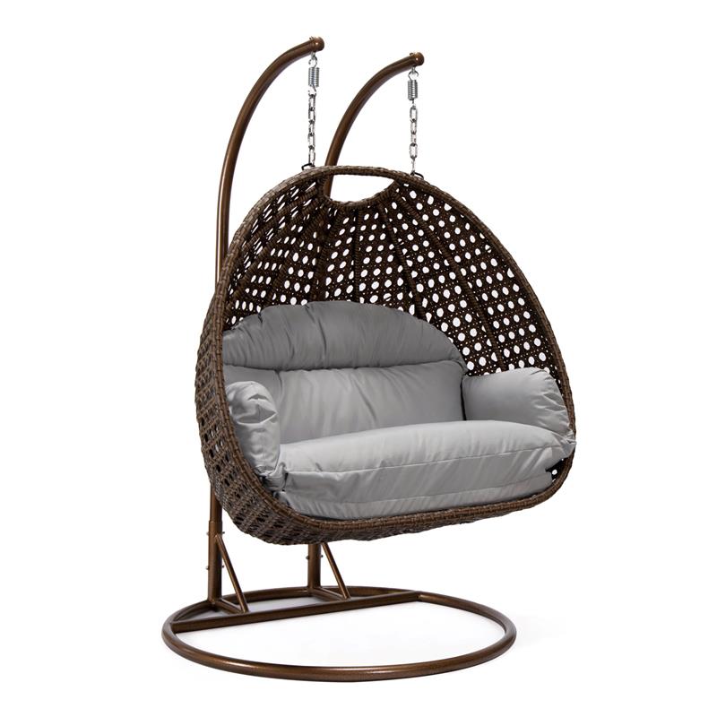 LeisureMod Mendoza Dark Brown Wicker Patio Double Swing Chair in Light Gray