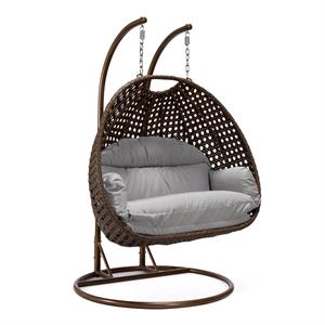 LeisureMod Mendoza Dark Brown Wicker Patio Double Swing Chair in Light Gray